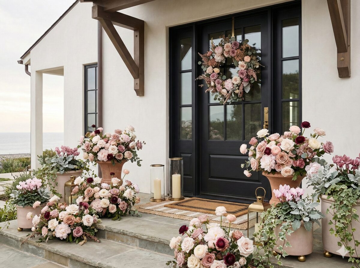 Elegantly styled front porch with seasonal decor